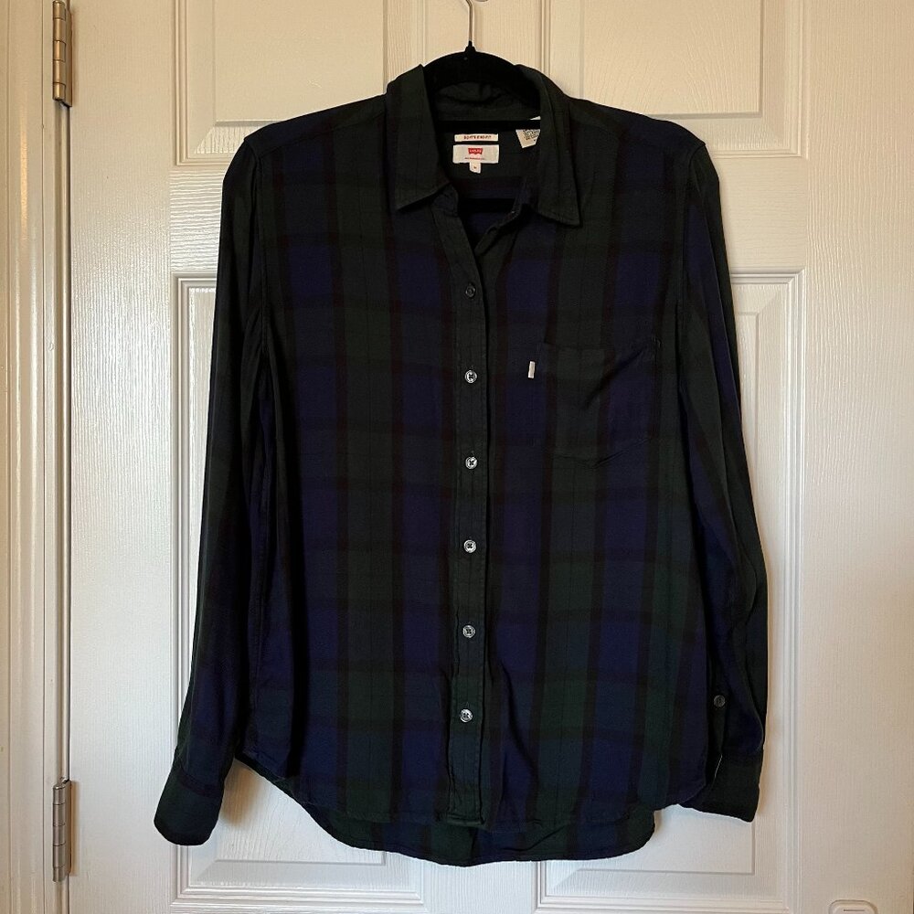 Women's Blue Green Plaid Flannel Shirt with Roll-Up Sleeves Levi's Size Medium